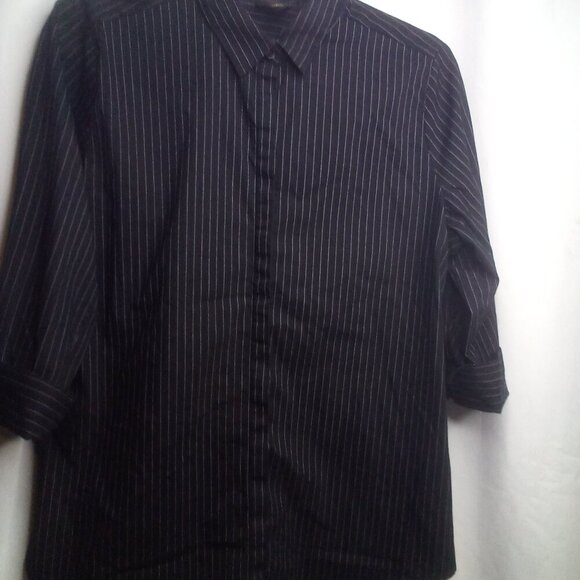 Worthington Blouse Shirt Women L Button Up 3/4 Sleeve Stripe Black White - Picture 9 of 16